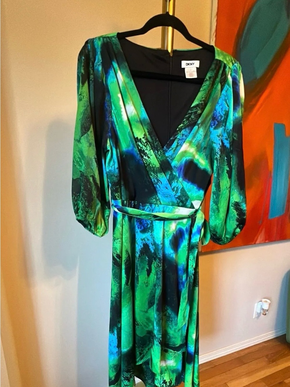 DKNY Green and Blue Abstract Wrap Midi Dress